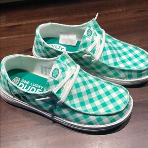 Hey Dude Green and White Moccasins with Gingham Pattern